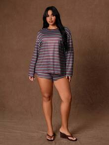 Rustia Summer New Round Neck Striped Loose Casual Long Sleeve T-Shirt And Drawstring Shorts Set Plus Size 2-Piece Fall - Multicolor - View 7