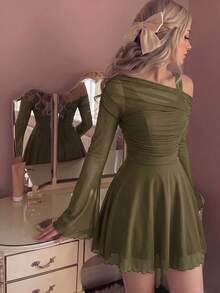 SHEIN MOD Women's Solid Color Asymmetric Collar Flared Sleeve Fashion Mesh Mini Dress - Army Green - View 3