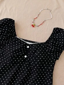 SHEIN 青少年女孩上衣 黑白修身休閒日常度假簡約舒適款，波點後背抓褶上衣，優雅純色蕾絲飾邊上衣，適合夏季、度假、休閒、居家 - 黑色 - 查看 5