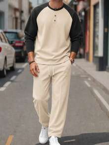 Manfinity Homme Men's Contrast Color Button Half-Placket Long Sleeve Top And Pants Set - Beige - View 2