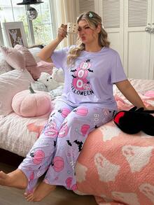 Slumberry CURVE Sweet INS Cute Halloween Pumpkin Bat BOO Print Comfortable Loose Knit Plus Size Pajama Set - Mauve Purple - View 5