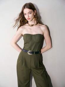 MOTF PREMIUM WOMEN'S PU PATCHWORK BANDEAU JUMPSUIT, AUTUMN/WINTER - Army Green - View 9
