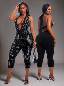 SHEIN SXY Plus Size Women's Rhinestone Halter Neck Sexy Casual Jumpsuit - Black - View 6