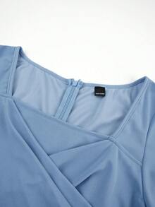 Modelyn Plus Size Red Knitted A-Line Short Sleeve Waist Cinched Dress - Blue - View 7