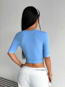 Dewbera Dewbera Women's Solid Color Short Sleeve Zipper Front Cycling Top - Blue - View 2