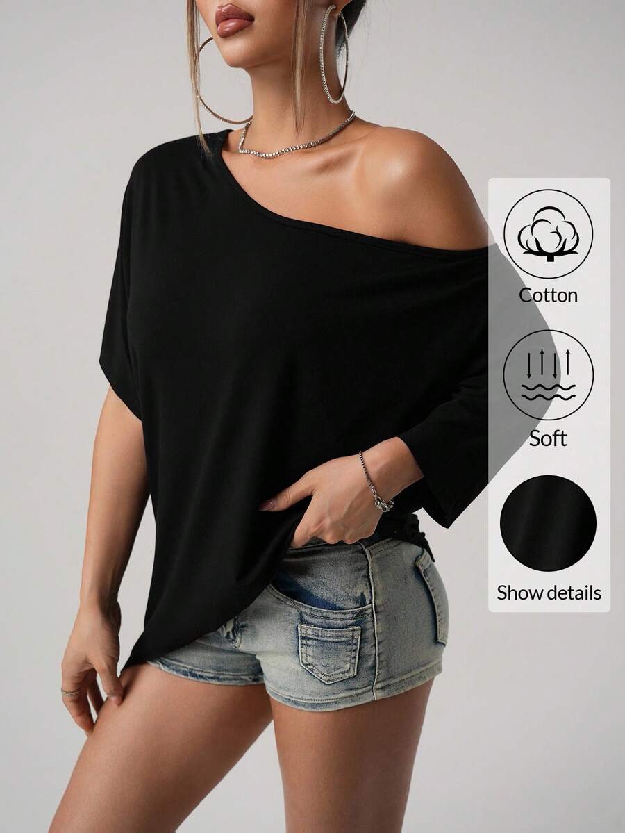 SHEIN ICON 美式街頭休閒寬鬆版型不對稱肩領純黑色T恤 - 黑色 - 查看 1