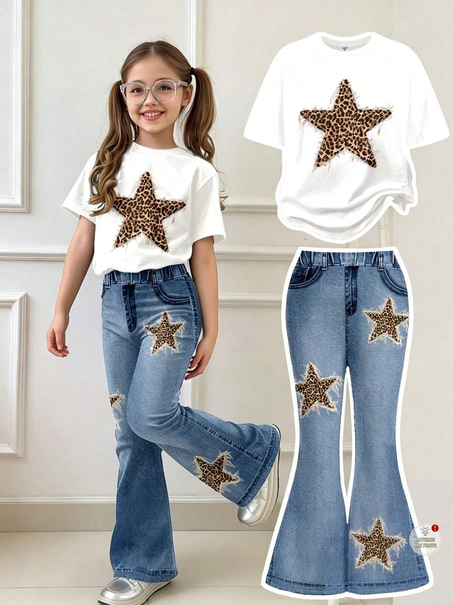 SHEIN Leap Crew Tween Girl Casual Minimalist Retro Leopard Print Faux Denim Five-Point Star Pattern Loose Round Neck Short Sleeve T-Shirt Flare Long Pants Two Pieces Set Suitable For Autumn, Autumn Outfits, Easy Comfort, Autumn Layers For Baby&Girls, Stylish Kids, Casual Wear, Kids Graphic Clothes, Fall Clothes, Chic Autumn, Fall New Style - Multicolor - View 1