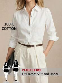 SHEIN PETITE CURVE 大尺碼女款純色單排扣休閒寬鬆百搭日常穿著襯衫 秋季商務辦公 白色 - 白色 - 查看 1