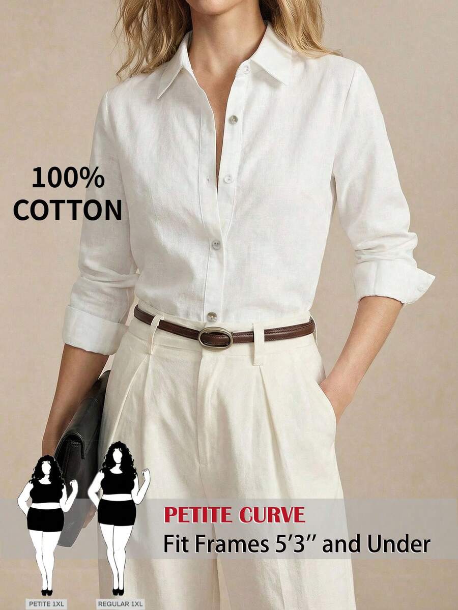 SHEIN PETITE CURVE 大尺碼女款純色單排扣休閒寬鬆百搭日常穿著襯衫 秋季商務辦公 白色 - 白色 - 查看 1