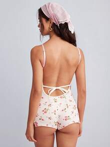 Elorette Ditsy Floral Backless High Elasticity Frill Trim Romantic Pastoral Women's Pajama Bodysuit - White - View 3