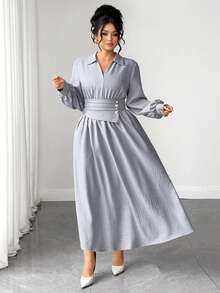 Elenzga Plus Size Early Autumn/Winter Light Gray Faux Linen Design Pearl Button A-Line Long Sleeve Puff Sleeve Elegant Commute Slimming Date Dress For Women - Grey - View 4