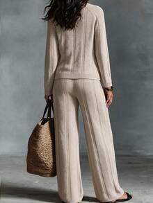 SHEIN Women's Autumn Winter Minimalist Elegant Beige Semi-High Neck Ribbed Knit Raglan Sleeve Sweater Wide Leg Pants 2 Pieces Set For Daily Commute, Casual - Apricot - View 2