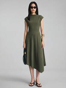 Ontre Women's Army Green Comfortable Elastic Fabric Slim Fit Asymmetric Slanted Neckline Cap Sleeve X-Shaped Dress With Patchwork Asymmetrical Large Hem Design, Modern Urban Fashion Business Casual Office Wear, Low-Key Old Money Style Elegant High-End Commuter High-Quality Airport Outfit, Autumn Essential Premium Comfortable Old Money Style Mid-Length Dress - Army Green - View 2