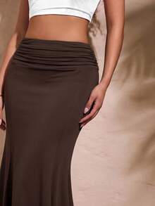 Opulessa Rok Wanita Polos Kasual Elegan Serbaguna untuk Sehari-hari, Cocok untuk Kencan, Makan Malam, Cokelat Tua, Musim Gugur - Coklat - View 10