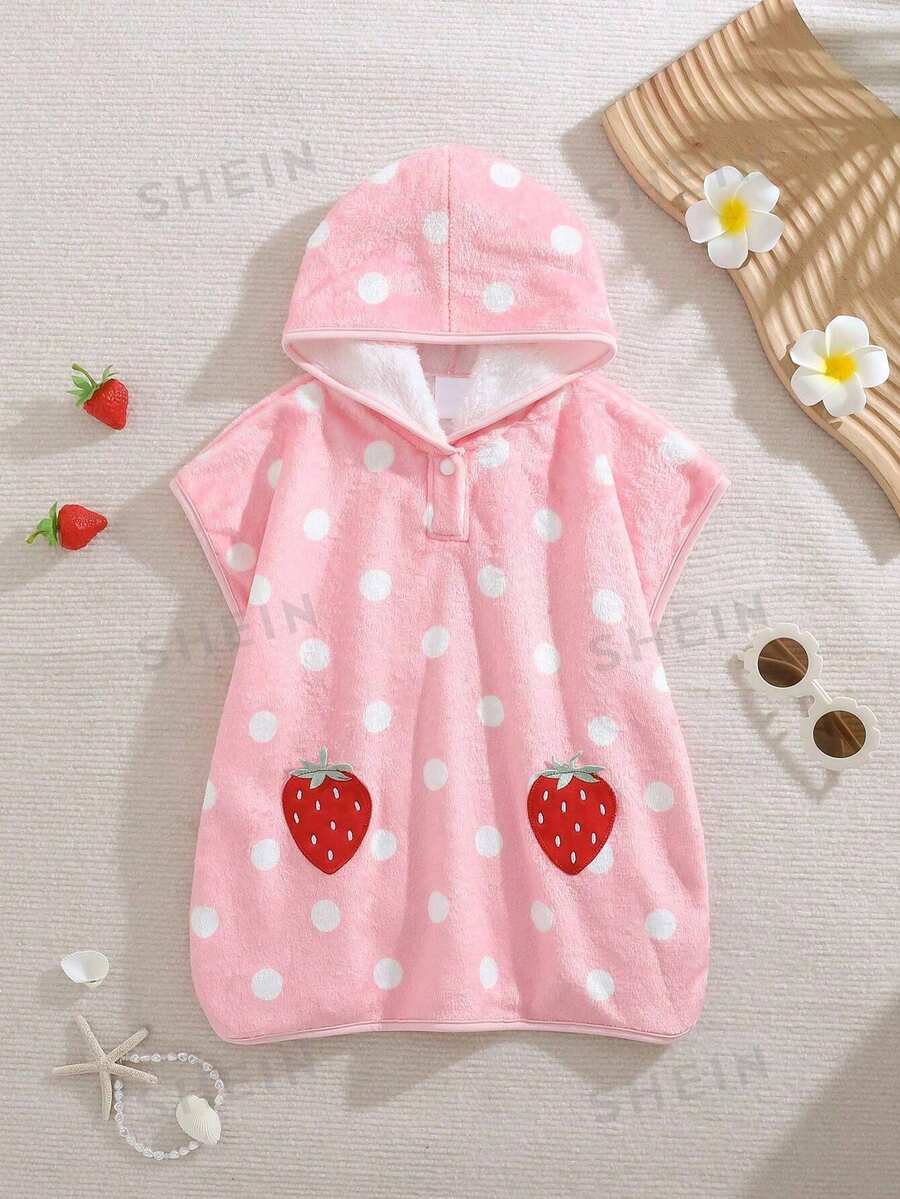 Cozy Pixies Newborn Hooded Short Sleeve Polka Dot Loose Strawberry Pattern Swimsuit - Multicolor - View 1