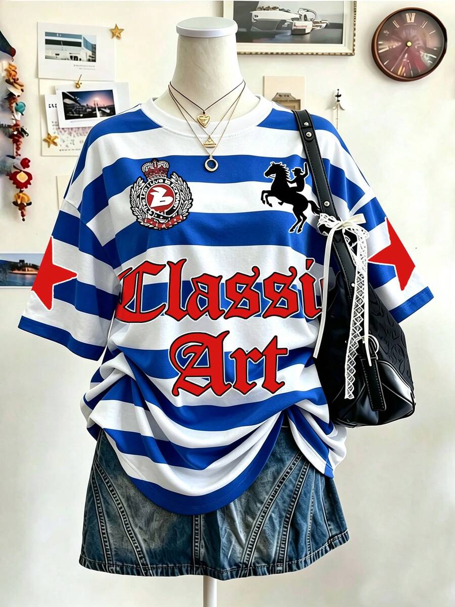 Lalippa 女款拼色條紋字母印花圓領寬鬆版型T恤 - 彩色 - 查看 1