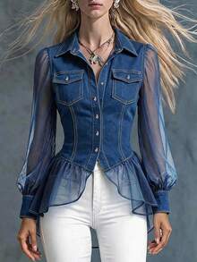 Balvessa Atasan Denim Wanita dengan Detail Jala dan Potongan Pinggang yang Rapi - Biru - View 1