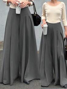 FRIFUL Celana Panjang Wanita Model Korea Terbaru untuk Awal Musim Gugur, Model Kaki Lebar dengan Lipit - Dark Grey - View 7