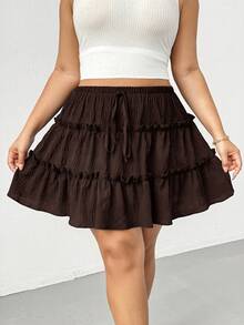 Shapeblank Falda de mujer talla grande unicolor con lazo en la cintura y bajo con volantes - Café integral - Ver 5