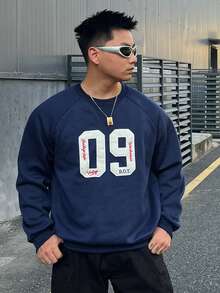 DAZY Autumn/Winter Thermal Lined Navy Blue Sweatshirt Fabric With White Digital Applique Embroidery Heavy Work Men's Pullover Sweatshirt - Navy Blue - View 4