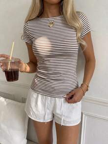 CovetEZ Casual Minimalist Sexy Open Shoulder Brown Striped Short Sleeve T-Shirt, Suitable For Spring And Summer, Spring And Summer Outfit Matching, Brown Stripes Make You Look Fairer - Multicolor - View 3