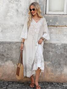 Elouméa Women's Spring/Summer French Casual Solid Color V-Neck Faux Lace Print Patchwork Lace Trim Loose Mid-Sleeve Dress, Suitable For Daily Wear And Home - Apricot - View 4