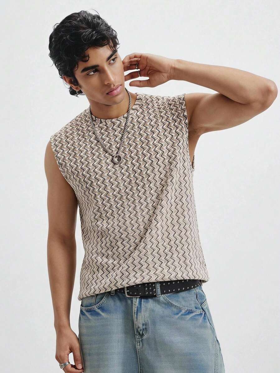 NORVETH Men's Wavy Striped Crew Neck Casual Versatile Tank Top - Khaki - View 1
