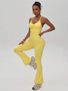 Slayform Slayform Women's Yellow Halter Neck Seamless Sports & Yoga Jumpsuit - Yellow - View 4
