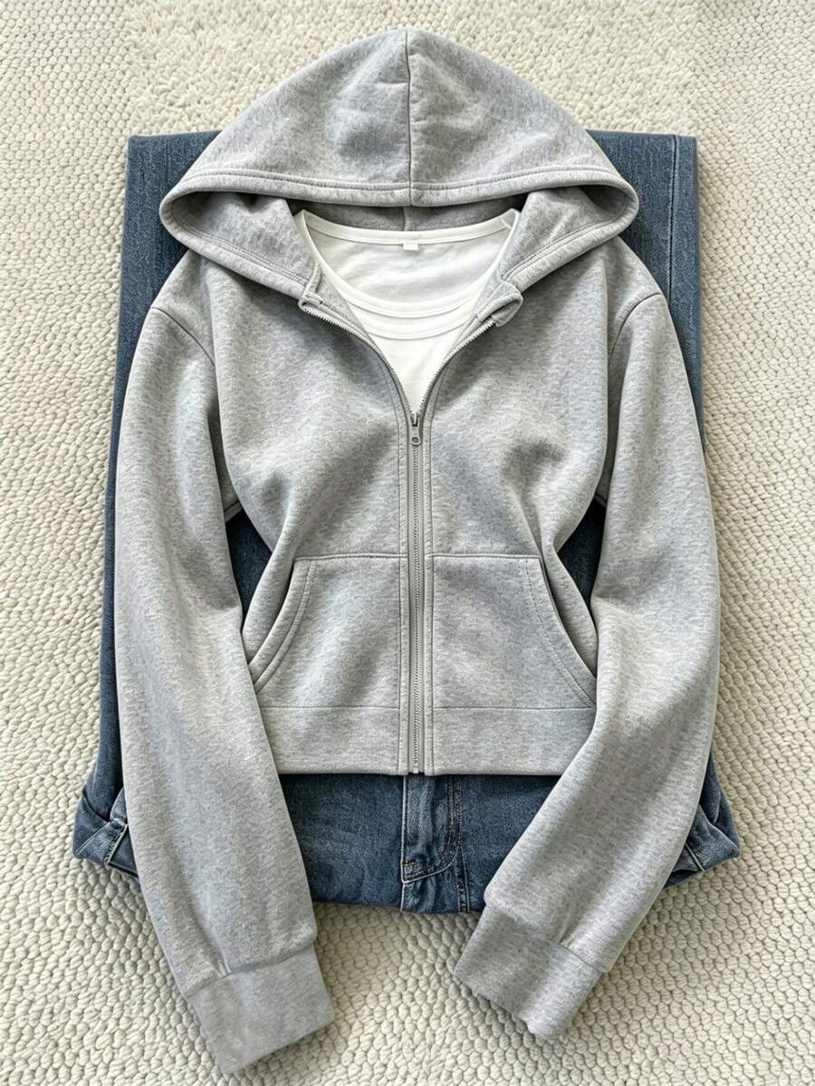 秋冬女童連帽拉鍊外套-混搭街頭風,防寒針織面料,適合秋冬穿著,微寬鬆版型附成長空間,校園與街頭穿搭首選,瞬間變身活力女孩 - 灰色 - 查看 1