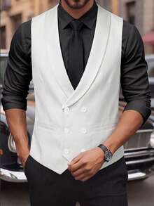 Manfinity Mode Men's White Deep V-Neck Versatile Classic Double-Breasted Design Business Casual Home Commute Daily Suit Vest - White - View 6