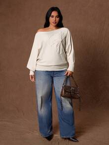 Rustia Plus Size Autumn/Winter Elegant 3D Floral Decor Batwing Sleeve Sweater - Khaki - View 5