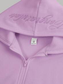 SHEIN 青少年女孩純色拉鍊口袋連帽衛衣與運動長褲套裝 - 紫色 - 查看 15