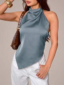 SHEIN PETITE Blus Wanita Seksi Tanpa Punggung dengan Leher Halter, Elegan untuk Pesta, Perjalanan, dan Liburan, Musim Panas - Dusty Blue - View 6