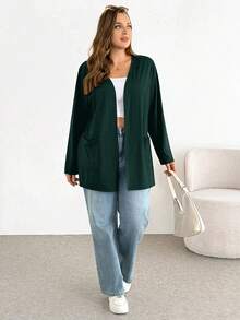 SHEIN Essnce Chaqueta casual versátil de unicolor talla grande - Verde Oscuro - Ver 5