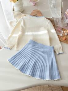 Souflis Souflis 女童冬季針織兩件套，可愛蝴蝶結套頭毛衣搭配百褶裙套裝 - 藍色 - 查看 2