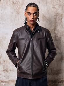 Skyrend Men's Solid Color Motorcycle Leather Jacket, Outdoor Sports, Couple Style, Spring/Autumn Fall/Autumn/Winter Grunge - Brown - View 3