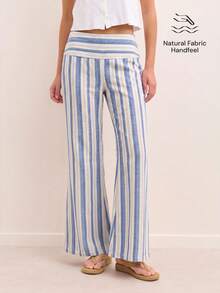 Nöista Striped Flared Pants With Stretch Waist And Relaxed Fit, Elegant Fall Casual Trousers, Back To School, Office, Going Out - Blue and White - View 3