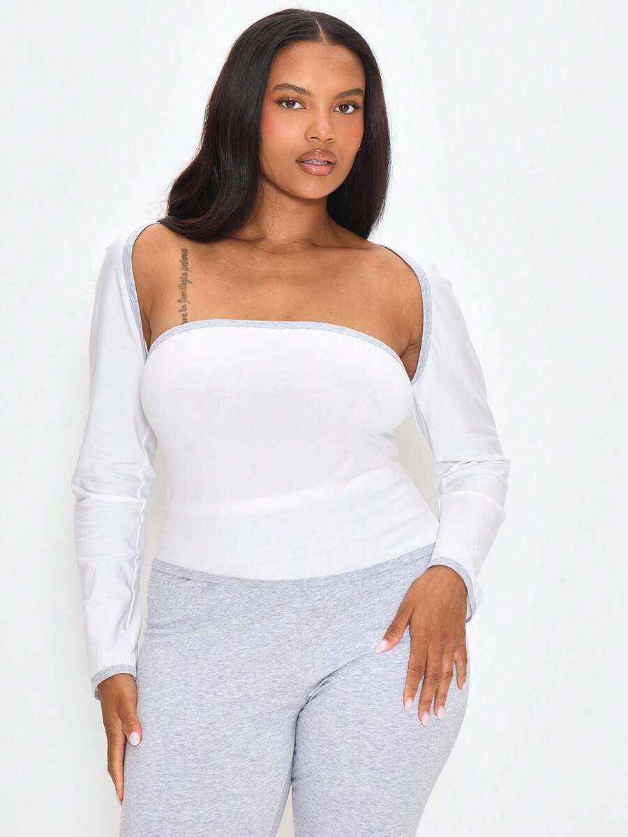 MUSERA Plus Size White Layered Square Neck Long Sleeve Top Spring Summer Casual Everyday Day Outfit Going Out - Multicolor - View 1