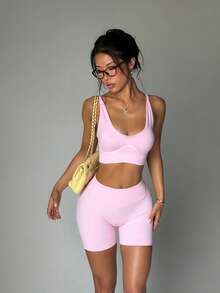 SHEIN Dewbera Women's Seamless Yoga Sports Set Colorblock Sports Bra And Tight Shorts - Pink - View 1
