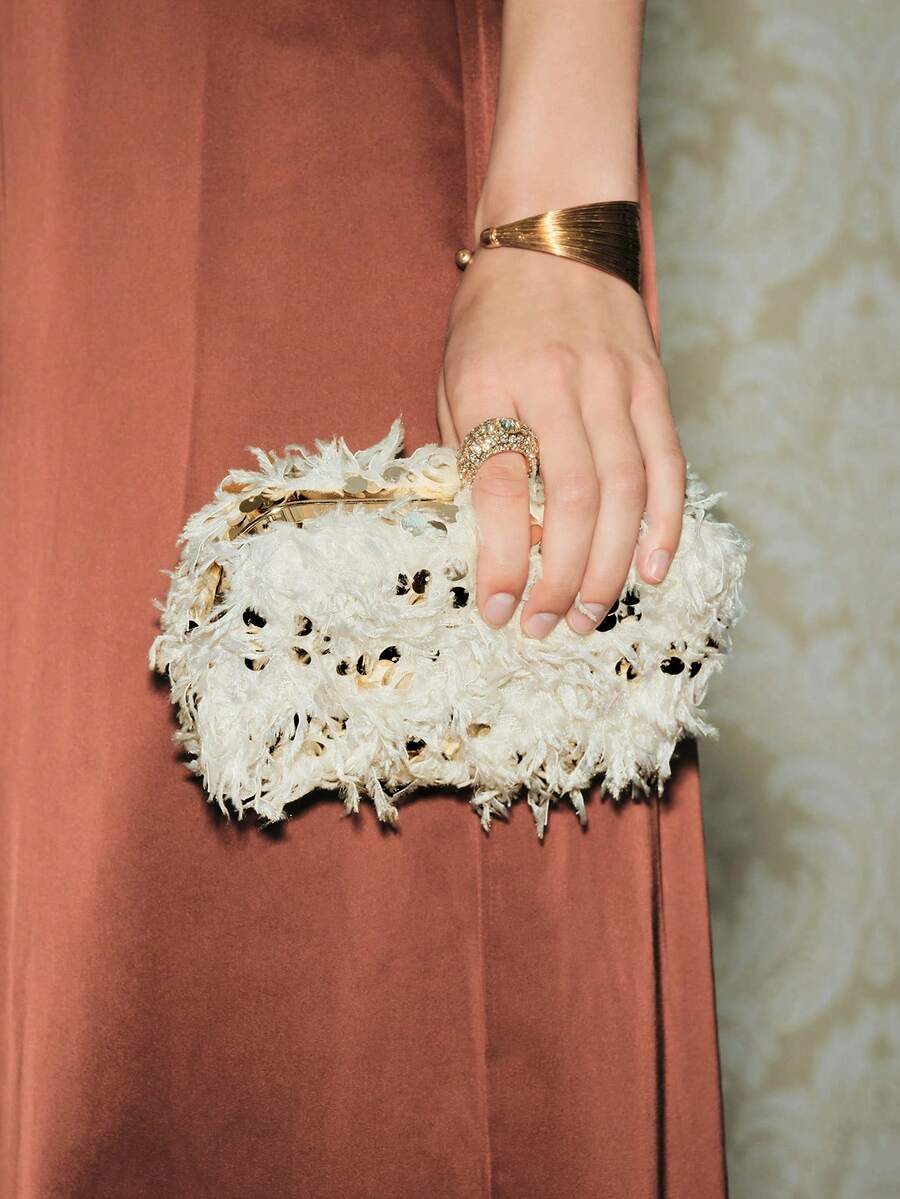 SHECARRY Ladies Fashionable Elegant Simple Apricot Plush Gold Sequins Handbag, Party Dance Dating Banquet Wedding - Gold - View 1
