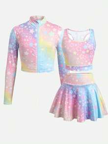 SHEIN 兒童青少年女孩彩虹星星印花針織三件套：長袖半高領拉鍊上衣、露背細肩帶背心與迷你裙褲，返校穿搭 - 彩色 - 查看 4