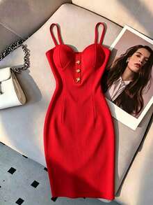 Franclia Slim Fit Metal Buckle Decor Spaghetti Strap Women's Dress - Red - View 2