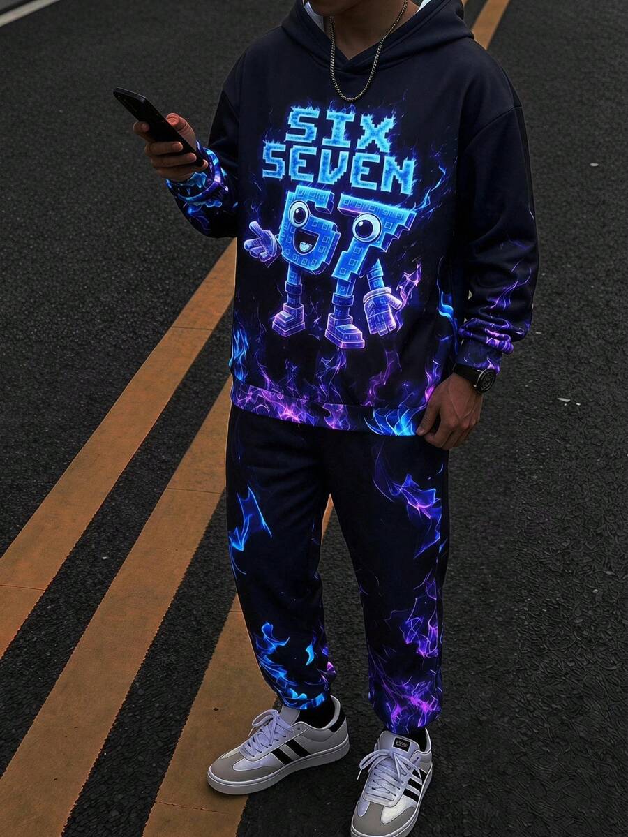 SHEIN 兒童青少年男孩休閒運動街頭時尚火焰67圖案連帽衛衣與運動長褲套裝,適合通勤、上學、日常休閒外出、運動,秋冬穿著 - 黑色 - 查看 1