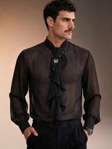 ZURIURI Men's Elegant Sexy Casual Long Sleeve Shirt With Tie Ribbon Rave Concert Black Autumn - Black - View 3