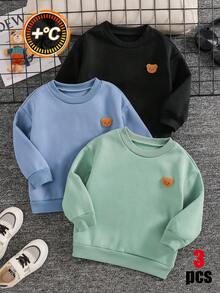 SHEIN 兒童 3件組 小男孩可愛休閒熊刺繡貼布圓領衛衣 - 彩色 - 查看 5