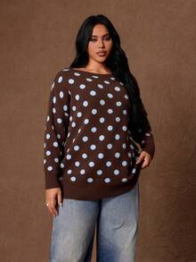 Rustia Plus Size Women's Polka Dot Asymmetric Shoulder Casual Daily Long Sleeve Sweater Fall - Multicolor - View 7