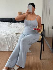 Napfluff CURVE Napfluff CURVE Striped High Elastic Plus Size Women's Pajama Set Casual Loungewear - Baby Blue - View 5