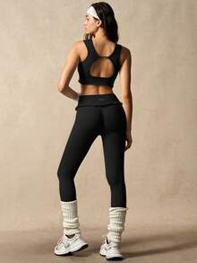 VARSIVA Women's Solid Color Backless Tank Top And Leggings Sports Set - Black - View 2