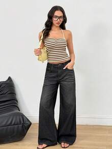 SHEIN Women's Charcoal Vintage Y2k Contrast Stitching Patchwork Straight Leg Jeans, Suitable For Commuting Going Out, Dating, Summer/Winter Outfits - Black - View 5