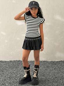 Coolane Kids 少女夏季街头风度假荷叶边纯白T恤 - 黑與白 - 查看 4
